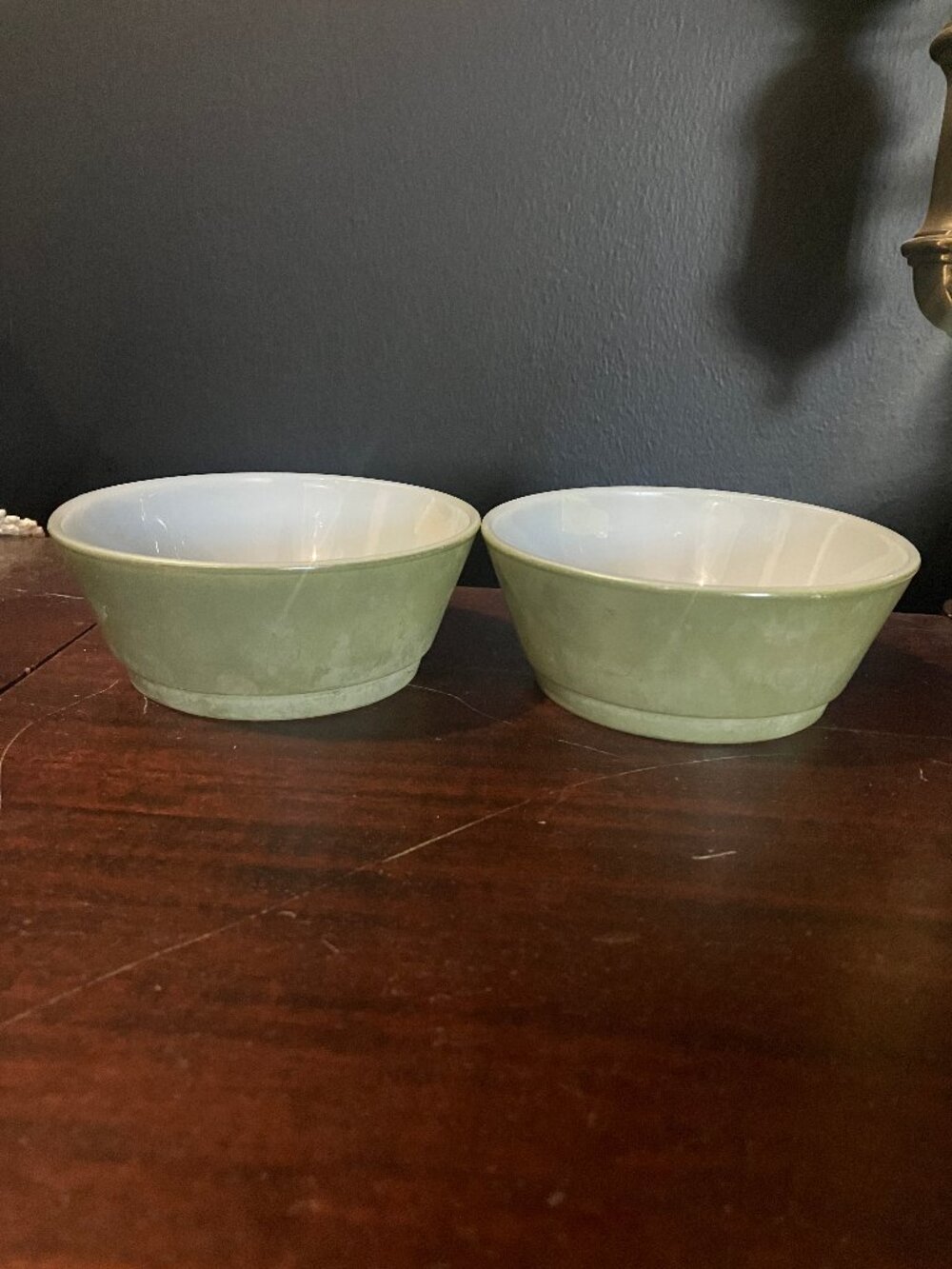 Set of 2 Vintage Avocado Green Fire King Glass Dessert Bowls